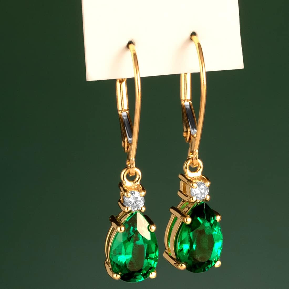 Peora 14K Yellow Gold Created Emerald and Genuine Diamond Teardrop Leverback Earrings for Women, 2.60 Carats total Pear Shape 9x6mm