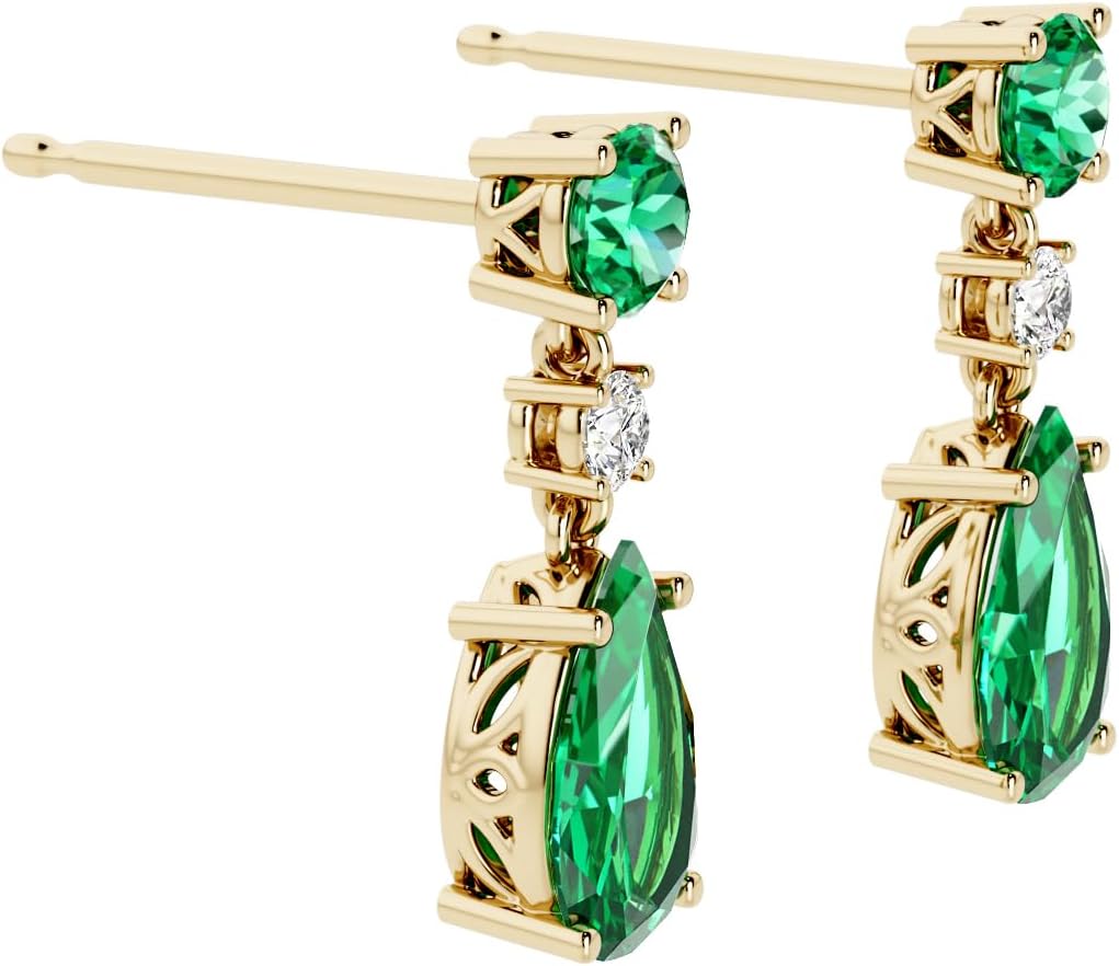 Peora 14K Yellow Gold Created Colombian Emerald and Lab Grown Diamond Drop Earrings, 3.10 Carats Total Pear Shape 9x6mm, Friction Backs