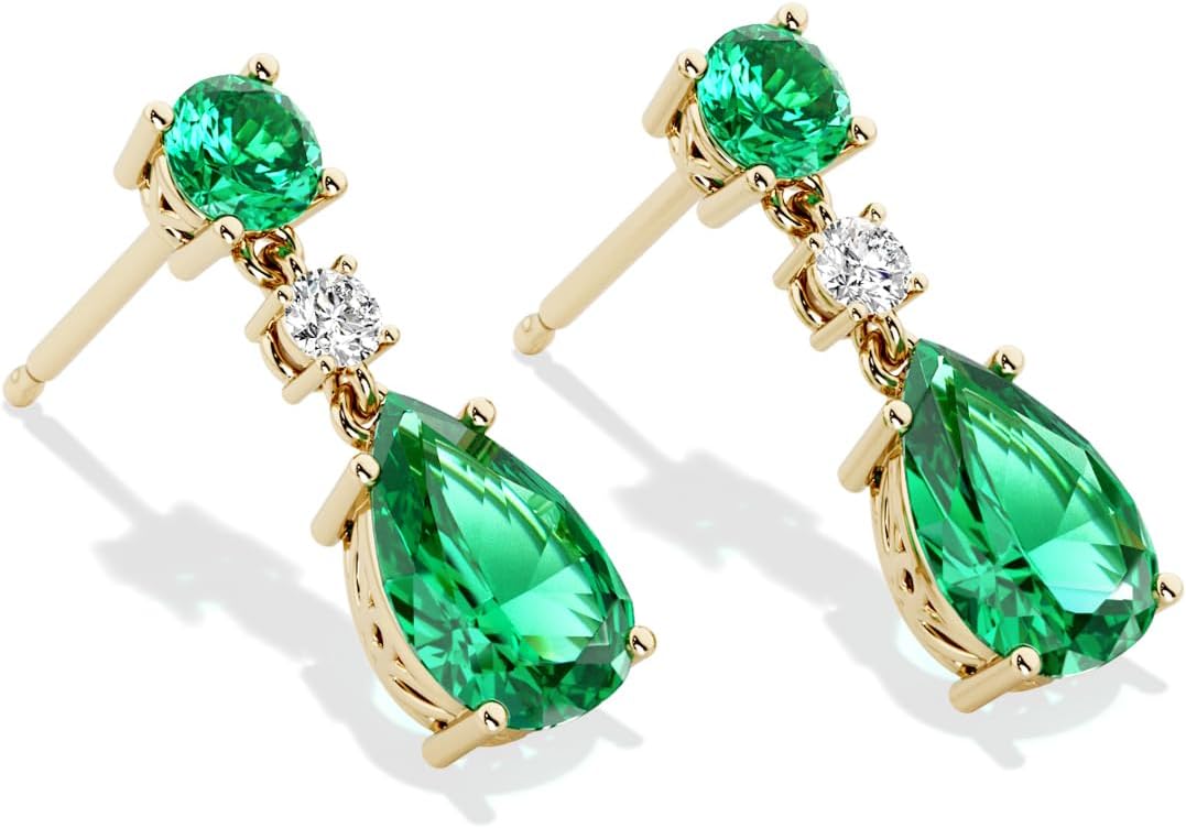 Peora 14K Yellow Gold Created Colombian Emerald and Lab Grown Diamond Drop Earrings, 3.10 Carats Total Pear Shape 9x6mm, Friction Backs