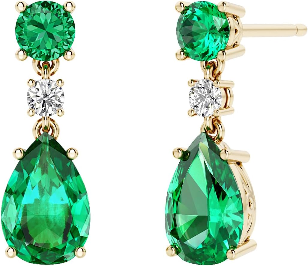 Peora 14K Yellow Gold Created Colombian Emerald and Lab Grown Diamond Drop Earrings, 3.10 Carats Total Pear Shape 9x6mm, Friction Backs