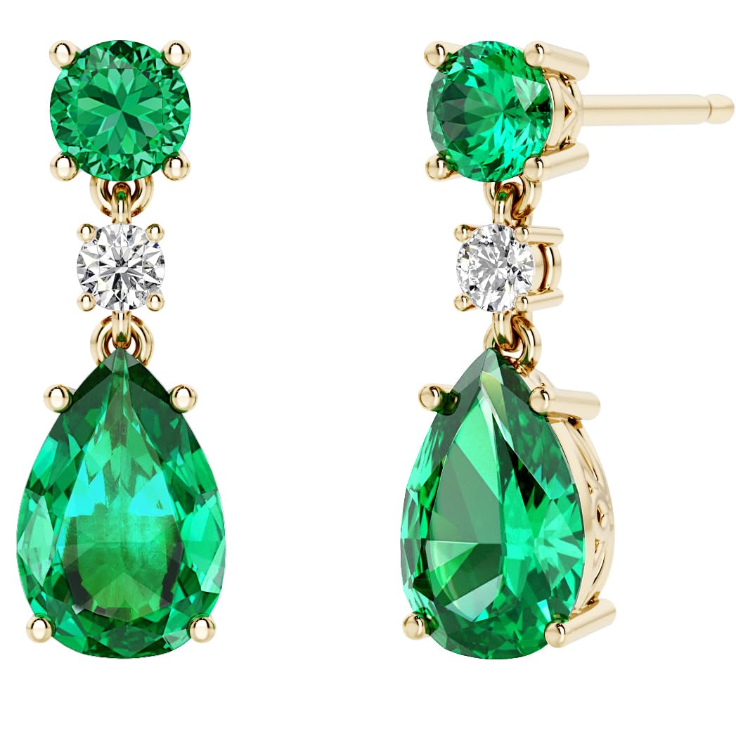 Peora 14K Yellow Gold Created Colombian Emerald and Lab Grown Diamond Drop Earrings, 3.10 Carats Total Pear Shape 9x6mm, Friction Backs