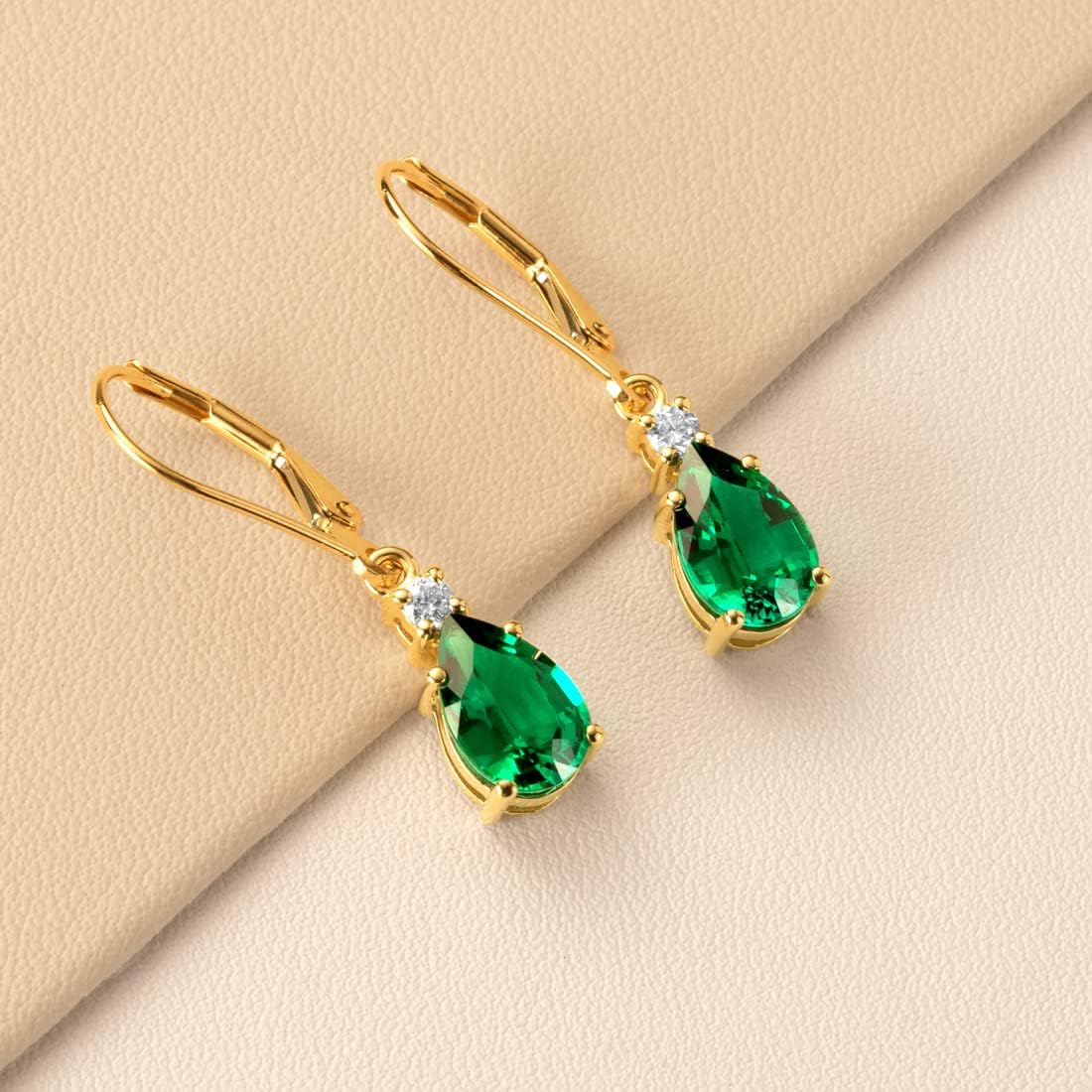 Peora 14K Yellow Gold Created Emerald and Genuine Diamond Teardrop Leverback Earrings for Women, 2.60 Carats total Pear Shape 9x6mm