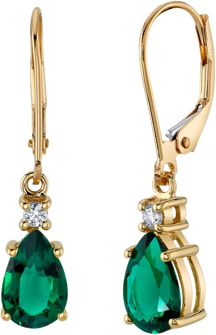 Peora 14K Yellow Gold Created Emerald and Genuine Diamond Teardrop Leverback Earrings for Women, 2.60 Carats total Pear Shape 9x6mm