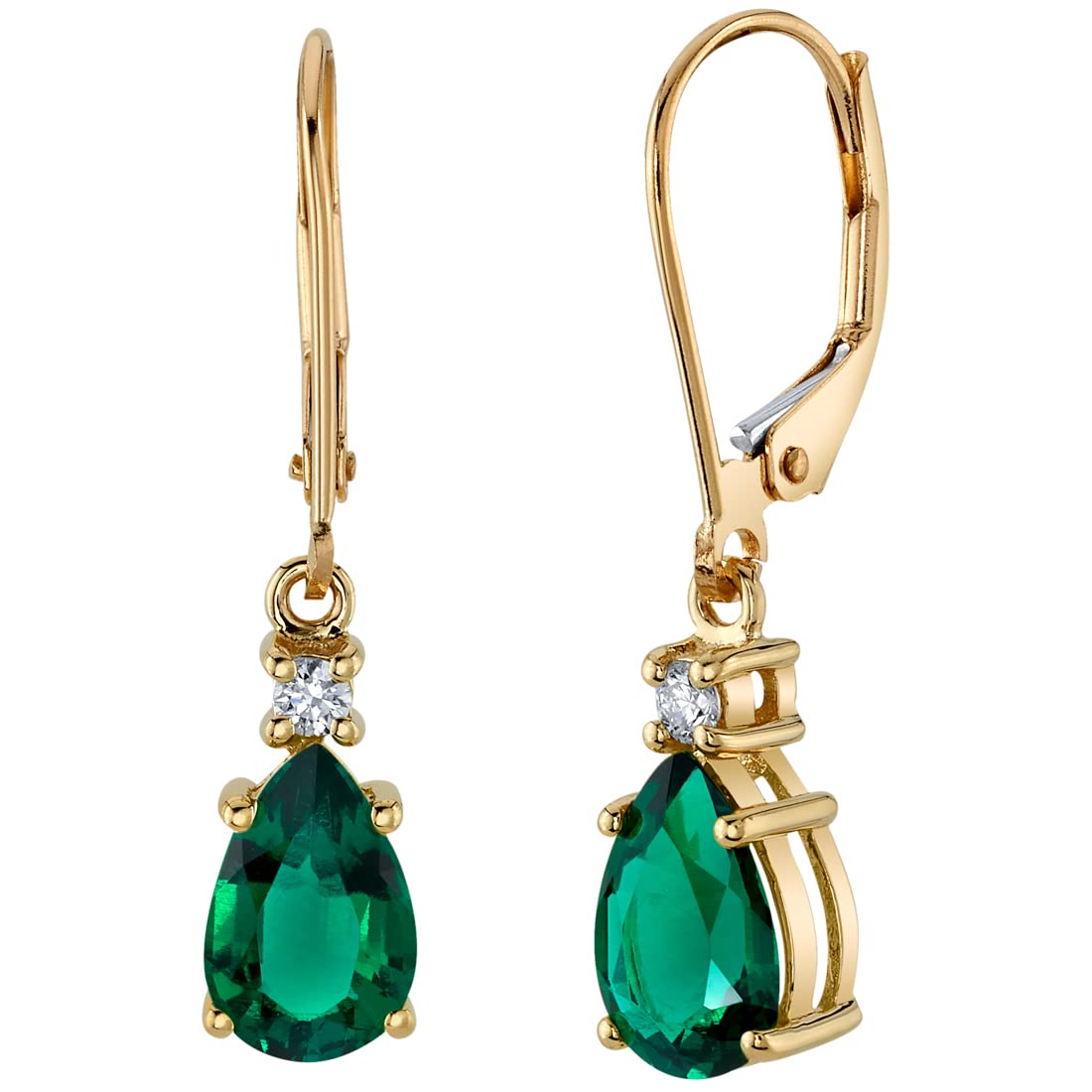 Peora 14K Yellow Gold Created Emerald and Genuine Diamond Teardrop Leverback Earrings for Women, 2.60 Carats total Pear Shape 9x6mm