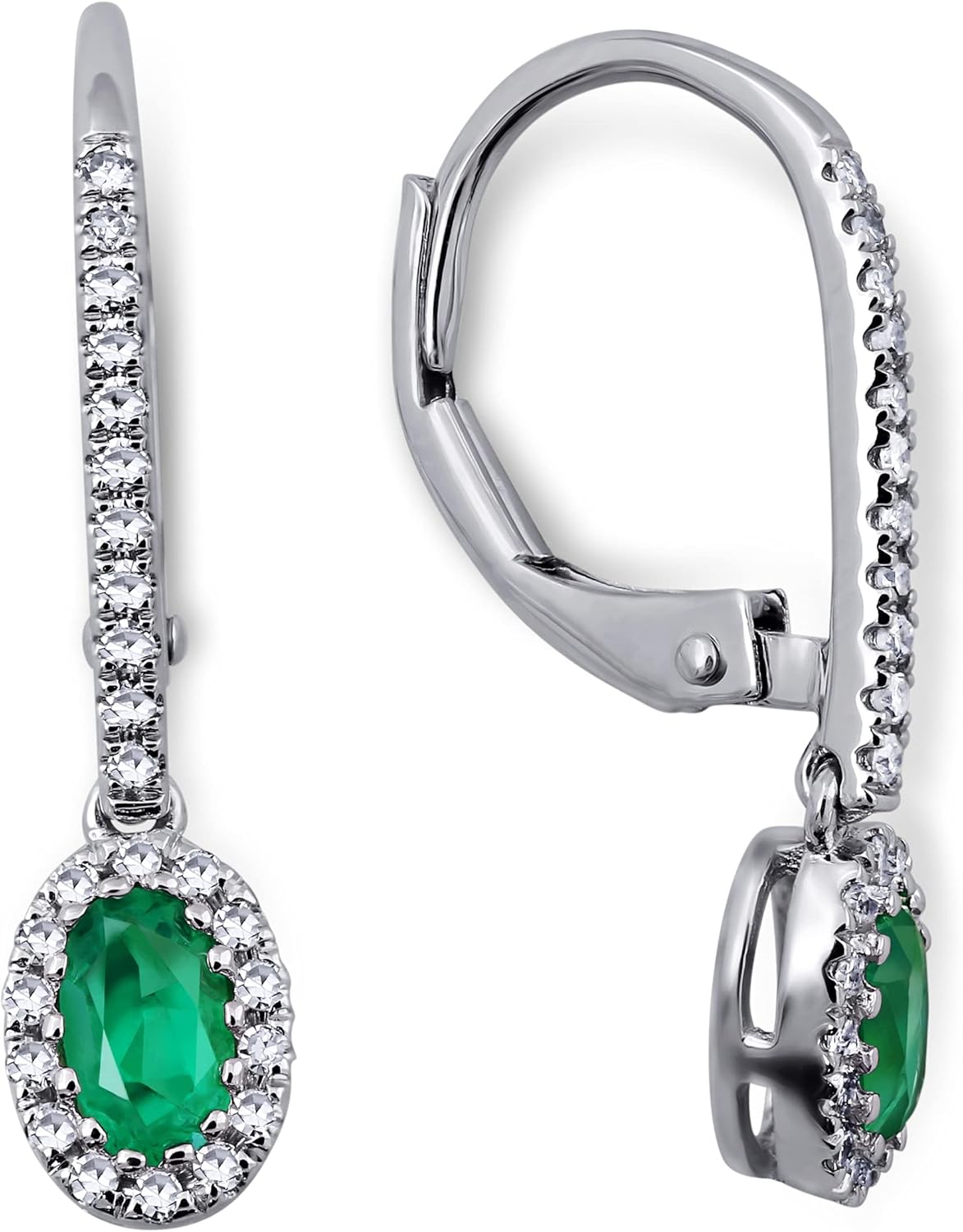 14K White Gold Genuine Emerald/Sapphire/Ruby Dangle Earrings with Diamonds