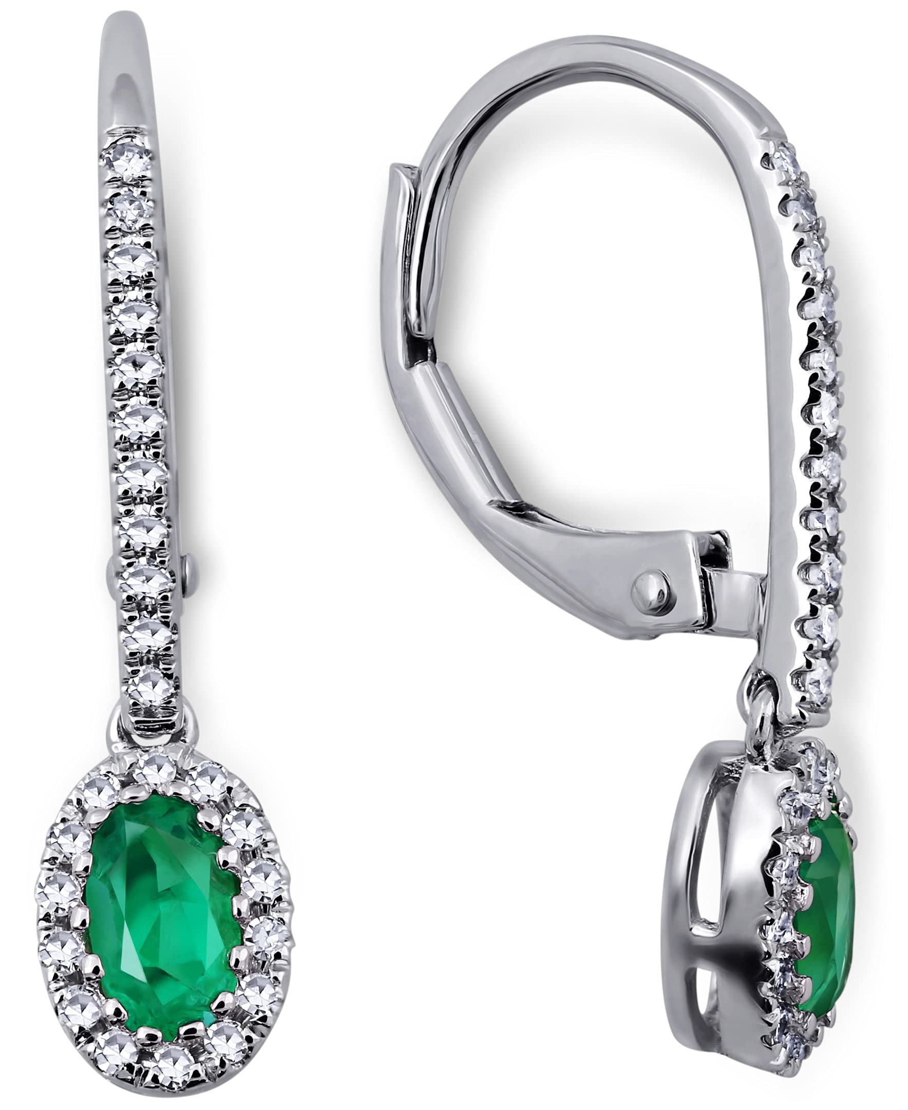 14K White Gold Genuine Emerald/Sapphire/Ruby Dangle Earrings with Diamonds