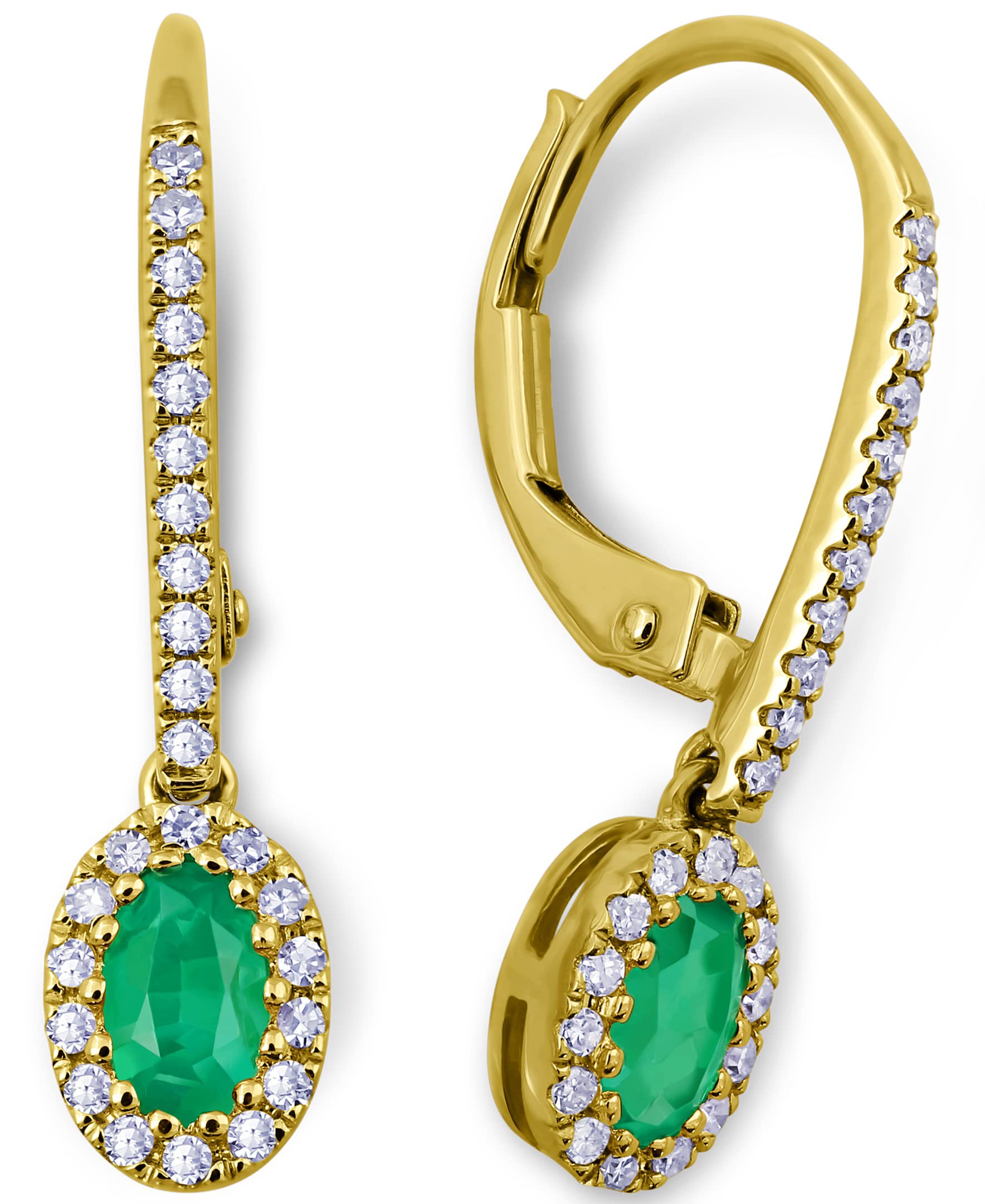 14K Yellow Gold Genuine Emerald Diamond Dangle Earrings