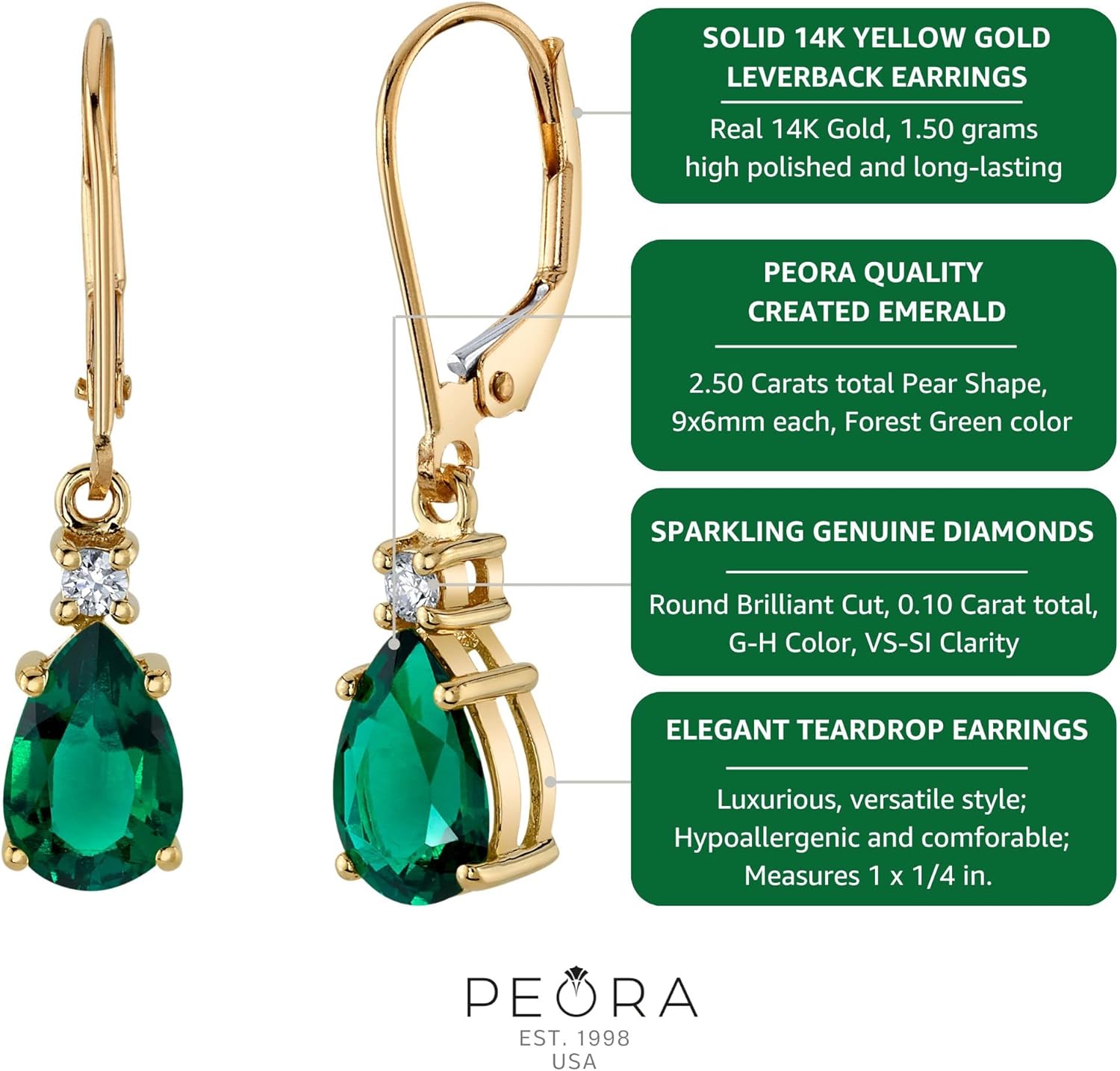 Peora 14K Yellow Gold Created Emerald and Genuine Diamond Teardrop Leverback Earrings for Women, 2.60 Carats total Pear Shape 9x6mm