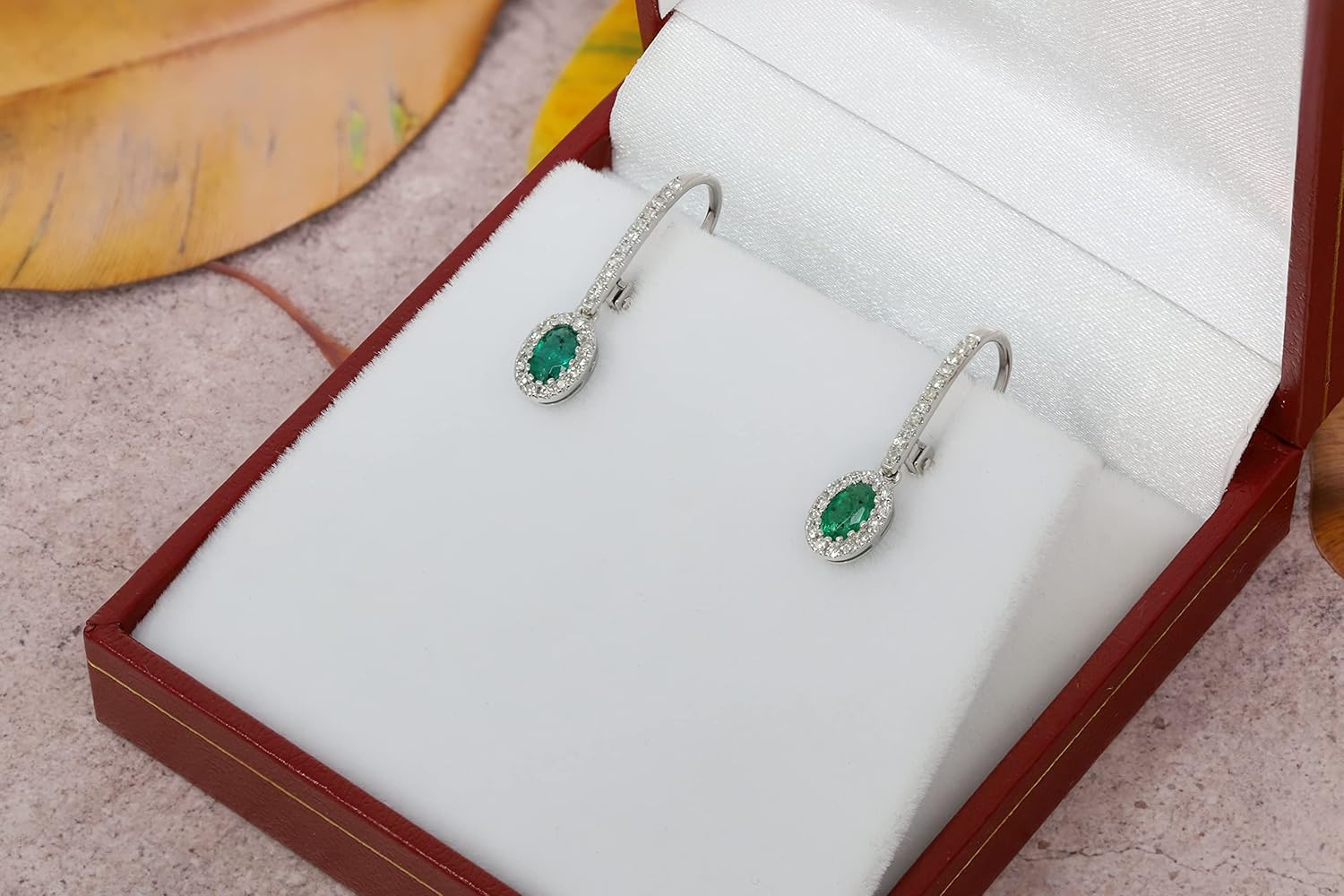 14K White Gold Genuine Emerald/Sapphire/Ruby Dangle Earrings with Diamonds